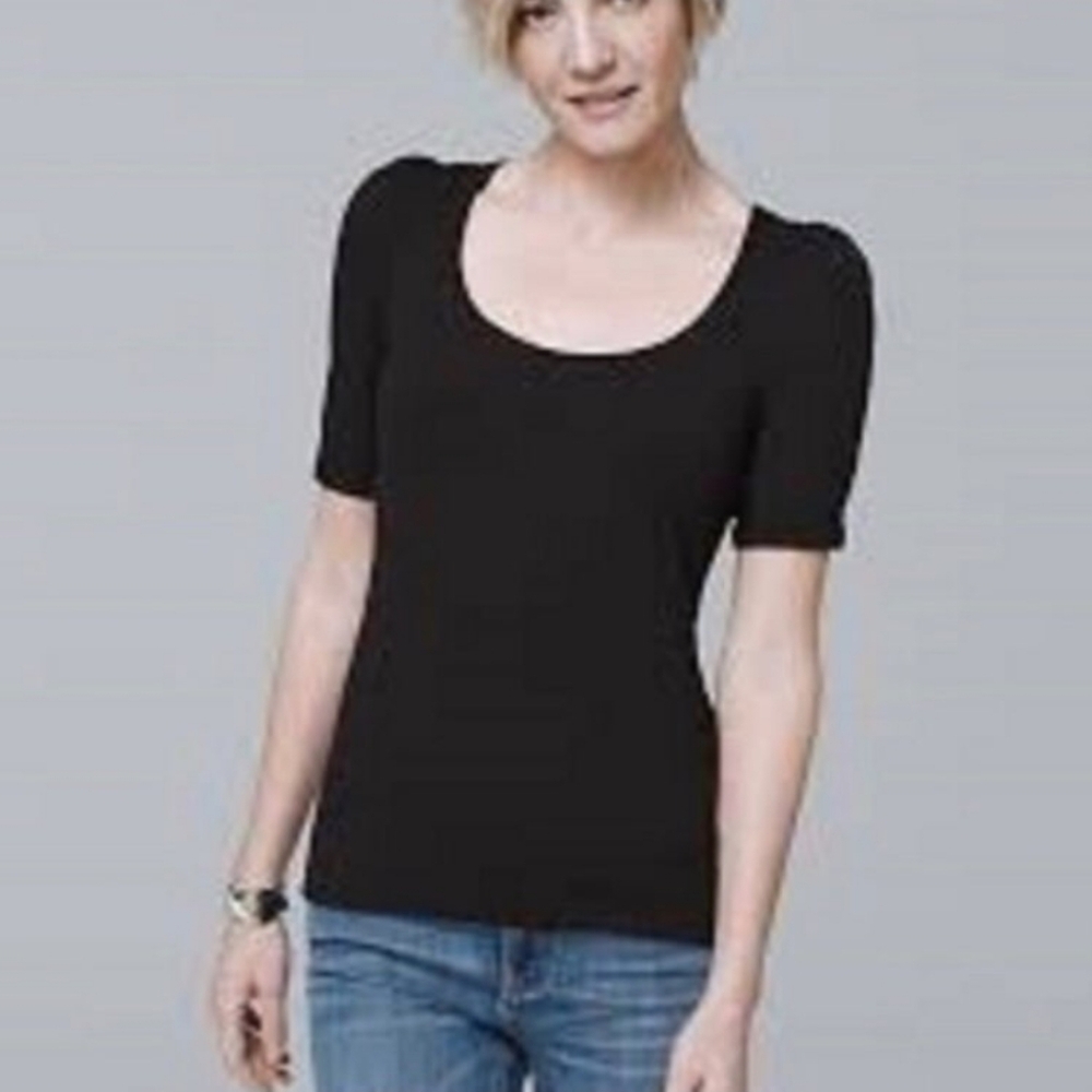 White House Black Market Women's Black Scoop Neck Elbow Sleeve Top NWT XXS